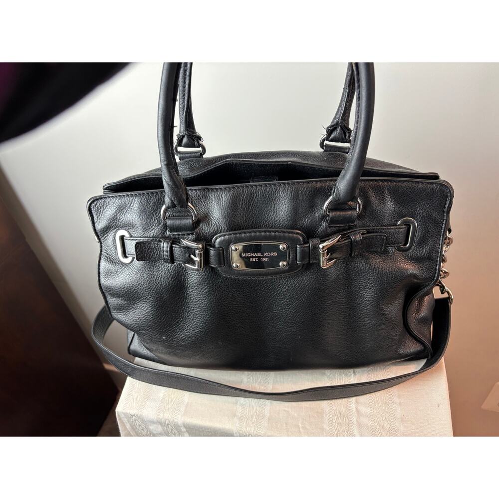 Michael Kors Hamilton Satchel Tote Bag Crossbody Black Pebbled Leather